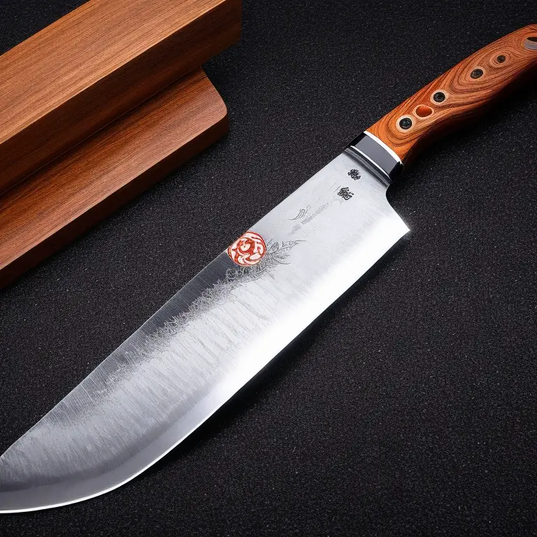 A sharp chef's knife on a cutting board with various herbs.